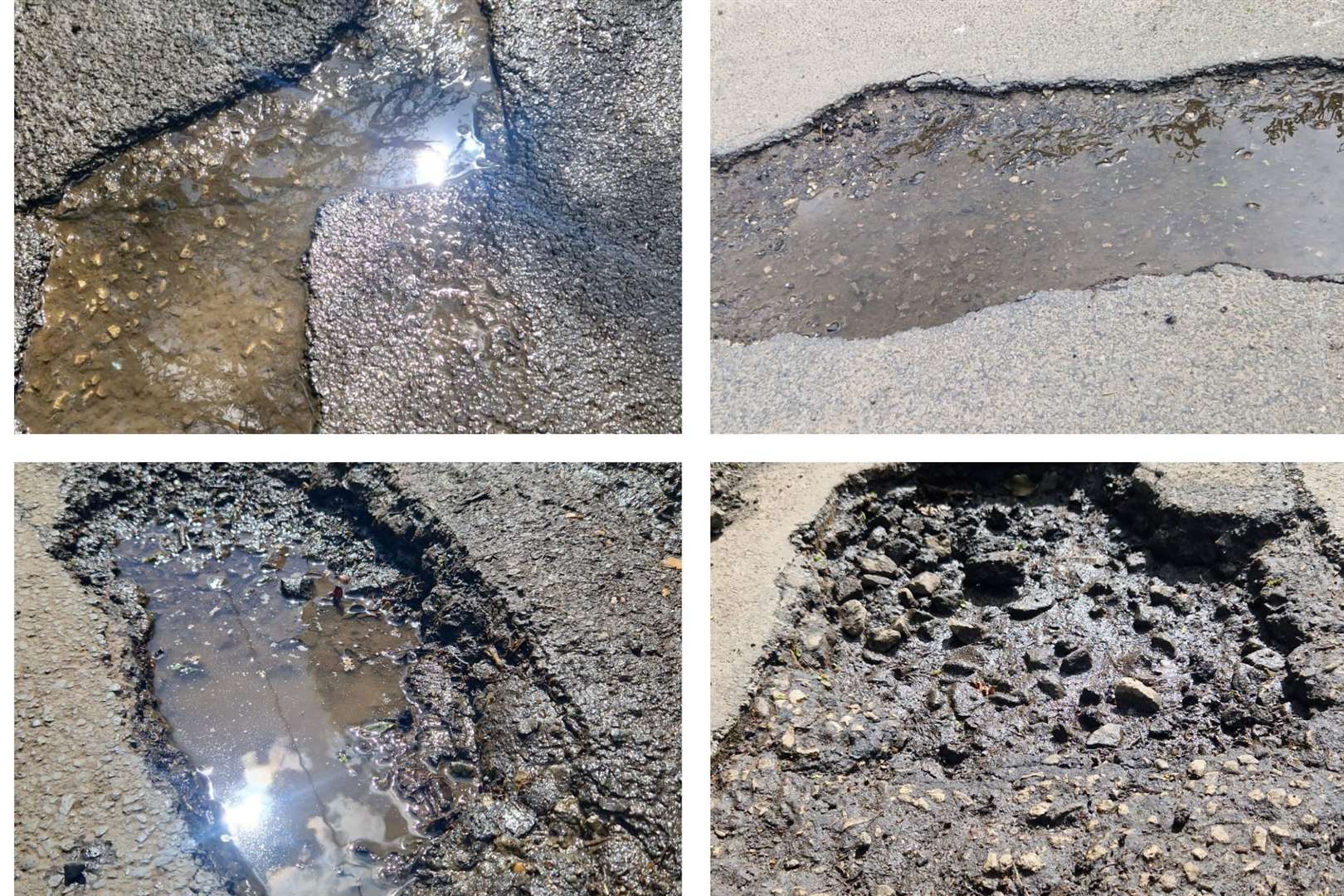 Potholes in Bourne Road, Aldington, which are set to be fixed amid the “pothole blitz”