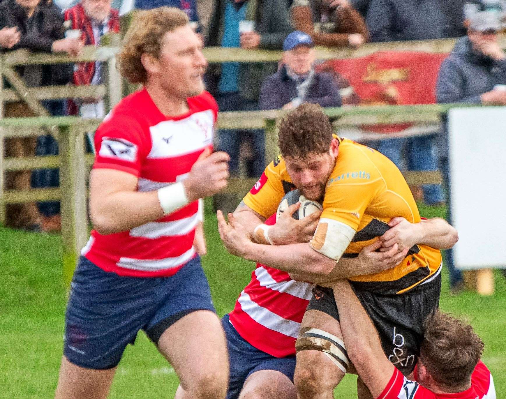 Alex Evans in the thick of the action for Canterbury in their weekend loss at Dorking. Picture: Phillipa Hilton
