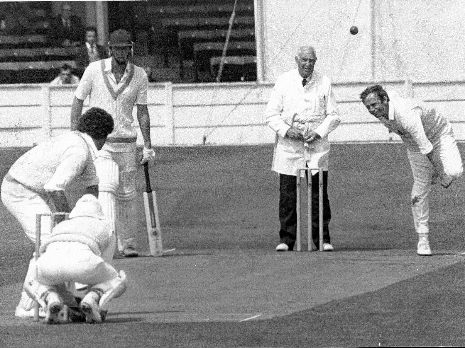 Former Kent and England cricketer Derek Underwood bowling, 1981