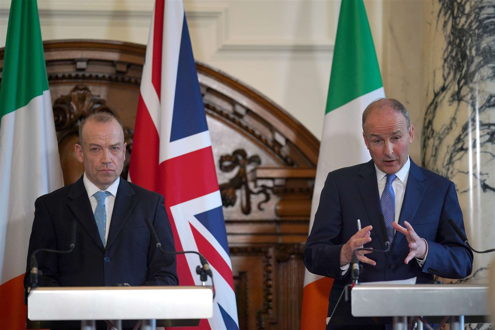 Northern Ireland Secretary Chris Heaton-Harris and Tanaiste Micheal Martin during the British-Irish Intergovernmental Conference press conference in London (Yui Mok/PA)