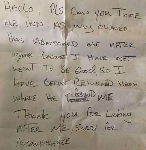 The note that was left with the lost Labrador. Picture: Swale Borough Council Stray Dog Service