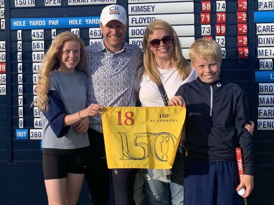Matt Ford celebrates qualifying for The Open Championship with wife Suzie and children Teagan and Oscar