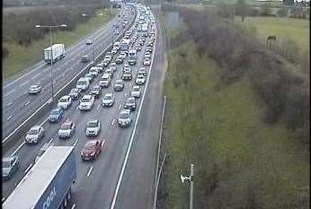 Queuing traffic on the anti-clockwise M25 on the approach to the Dartford Tunnel