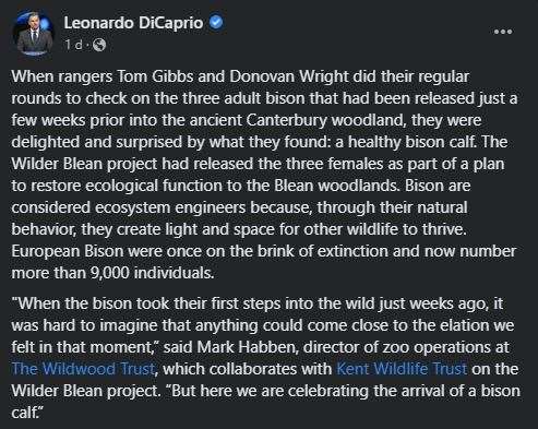 DiCaprio's post to his Facebook followers