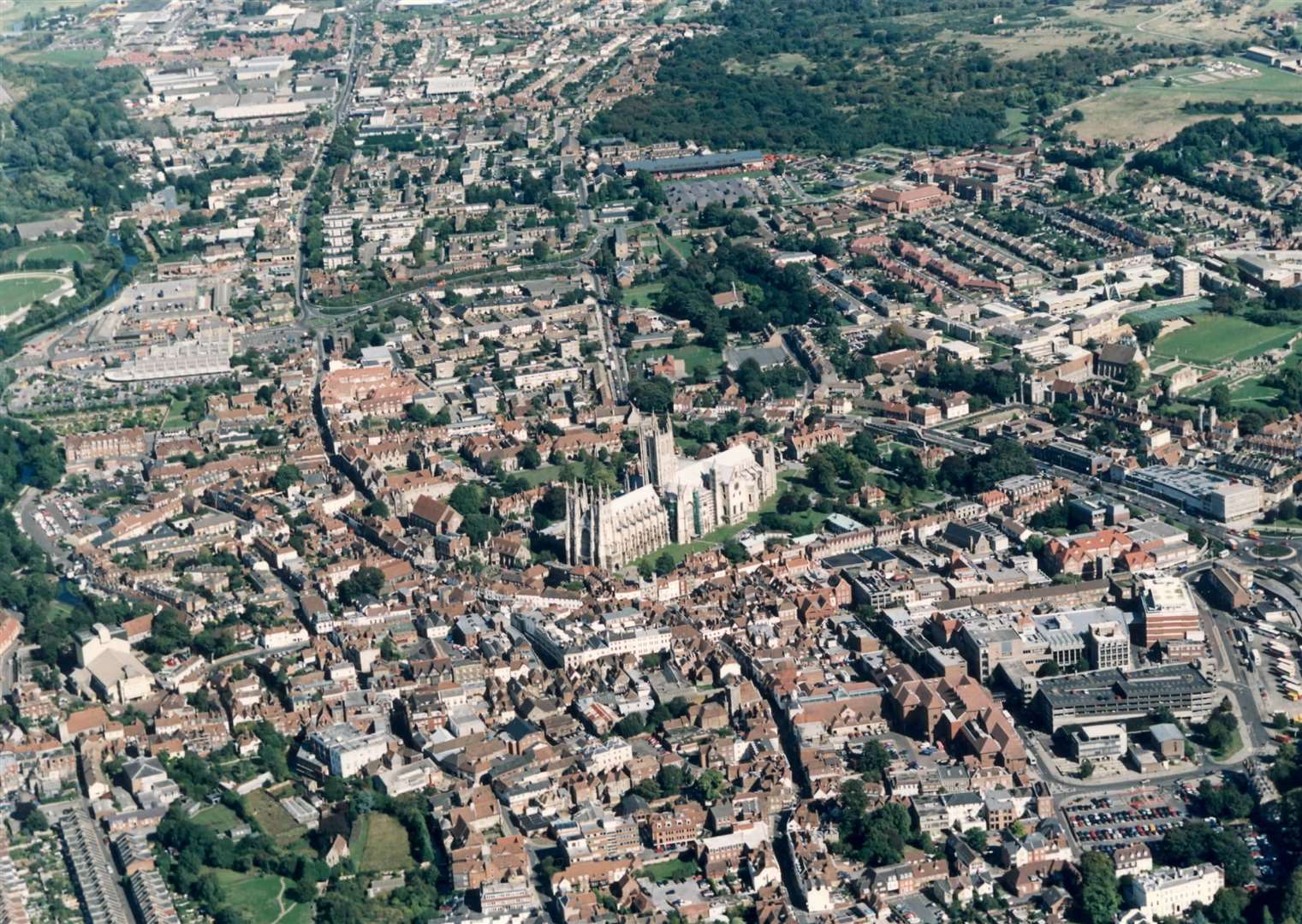 Canterbury city centre in 1995. Shopping complex Whitefriars is yet to be built