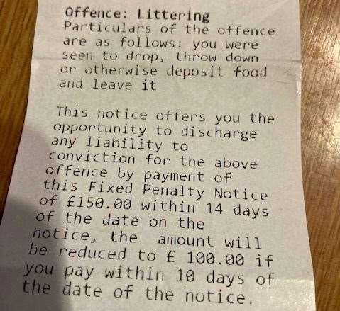 The ticket stated that she had been fined for littering. Picture: Susan Watson