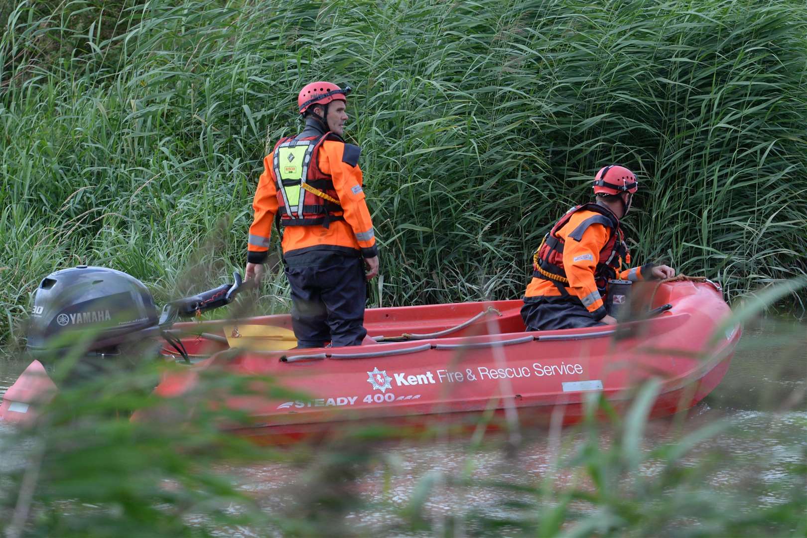 A Kent Fire and Rescue RIB as the search continued on the river