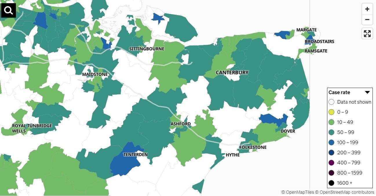 Many smaller areas of Kent - shown in white on the government's map - are now reporting fewer than three new Covid cases