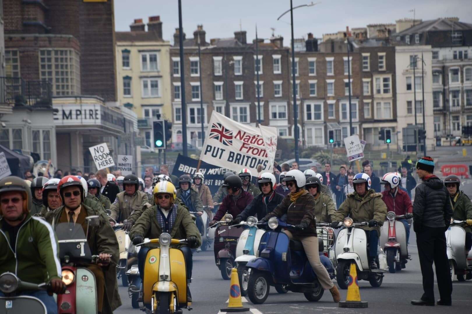 A procession of scooter-riding mods were seen riding along Margate seafront in April during filming of Empire of Light. Picture: Roberto Fabiani