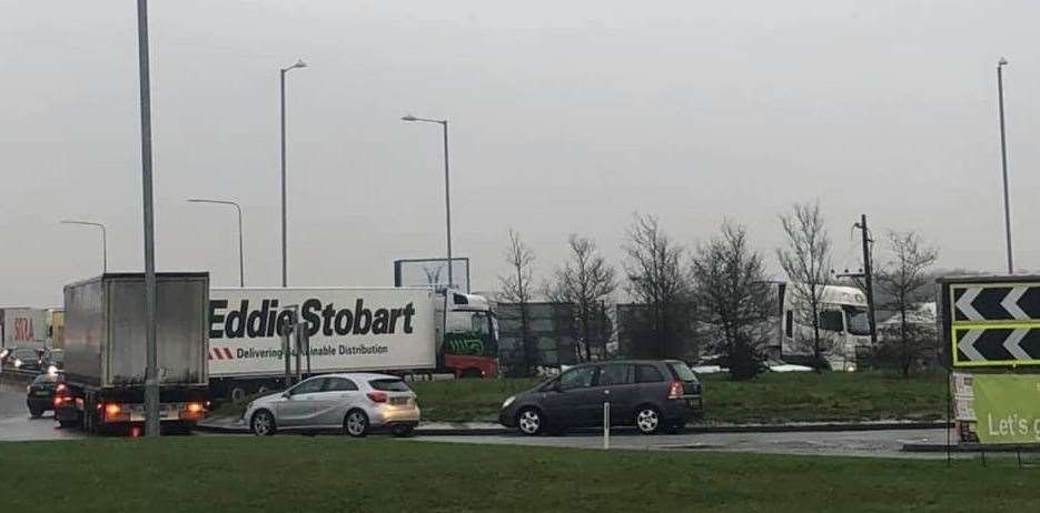 Lorries on the 'McDonald's roundabout' at the entrance to Waterbrook Park in January; delays at the temporary Brexit lorry park on Waterbrook sparked this hold-up. Picture: AJ Services