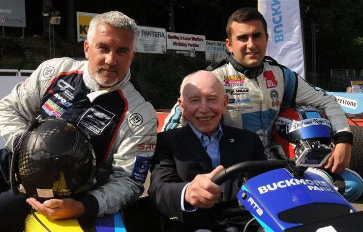 Great British Bake Off’s Paul Hollywood, left, and GT racer Scott Malvern attended a launch event in 2015 after John Surtees (centre) bought the circuit. Picture: Steve Crispe