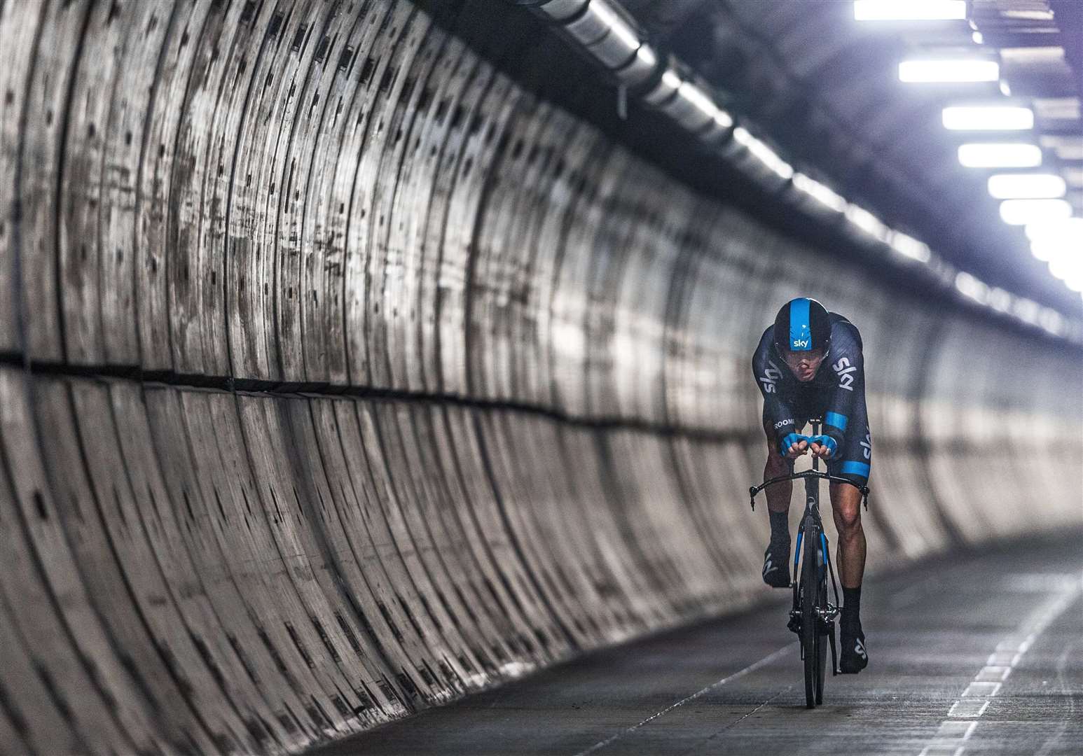 Chris Froome pictured as he became the first person to cycle through the Channel Tunnel in 2015. Picture: SWNS