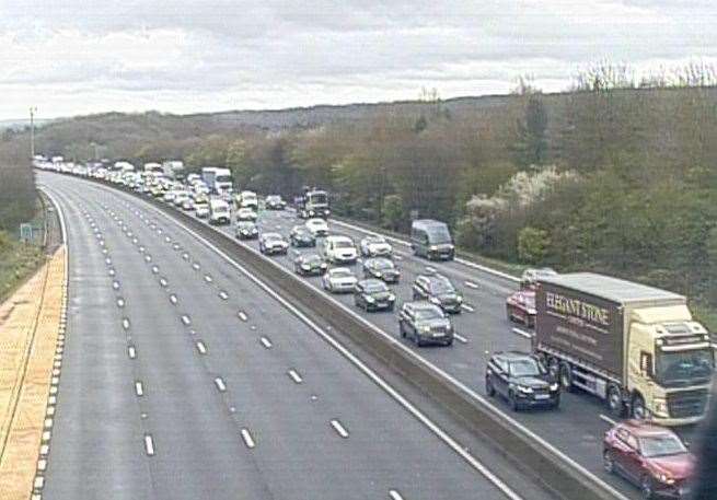 Cars queuing on the M25 between Surrey and Kent after a crash near Limpsfield. Picture: Highways England