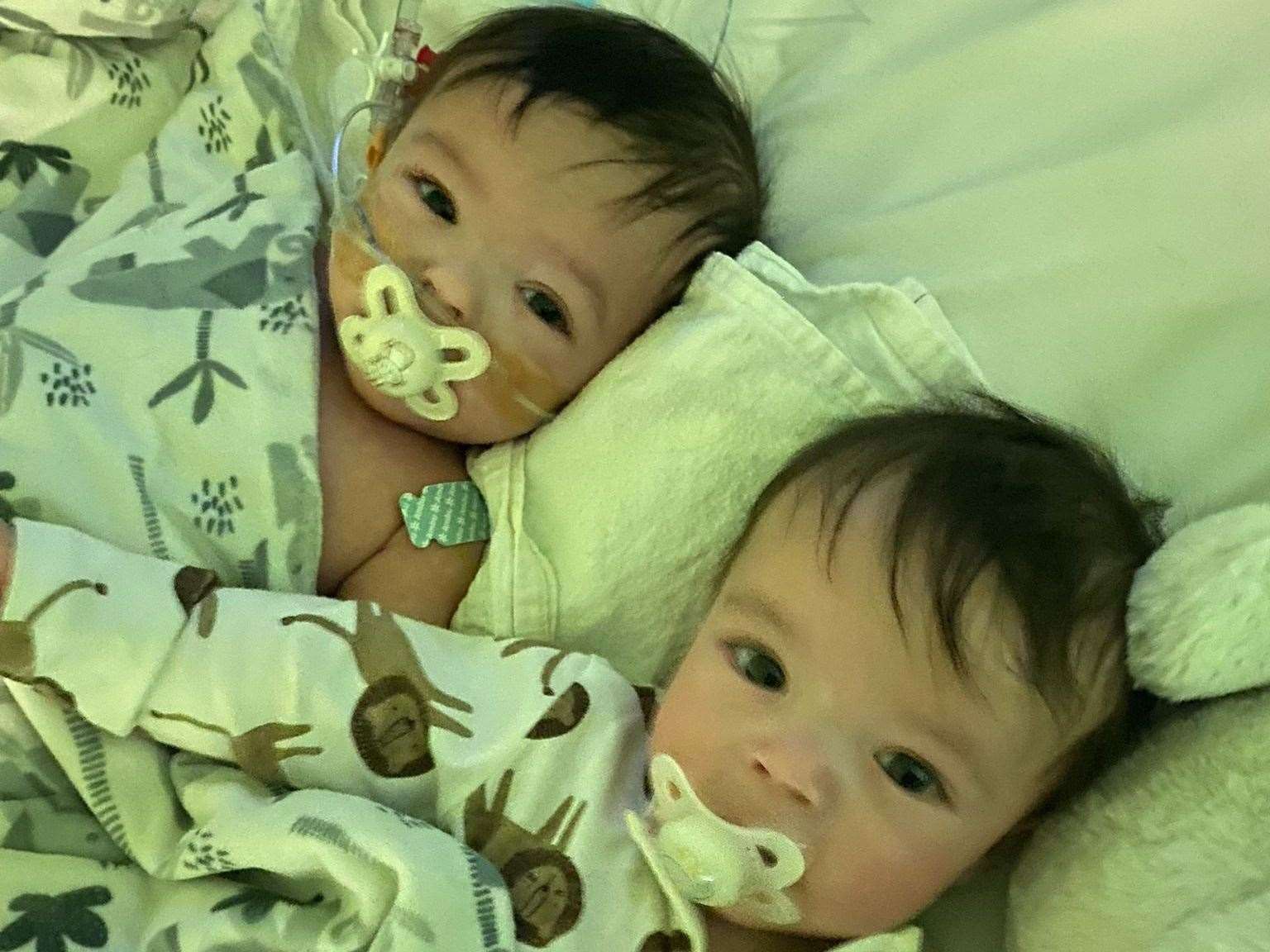 Twins Artemis and Perseus together in hospital. Picture: SWNS
