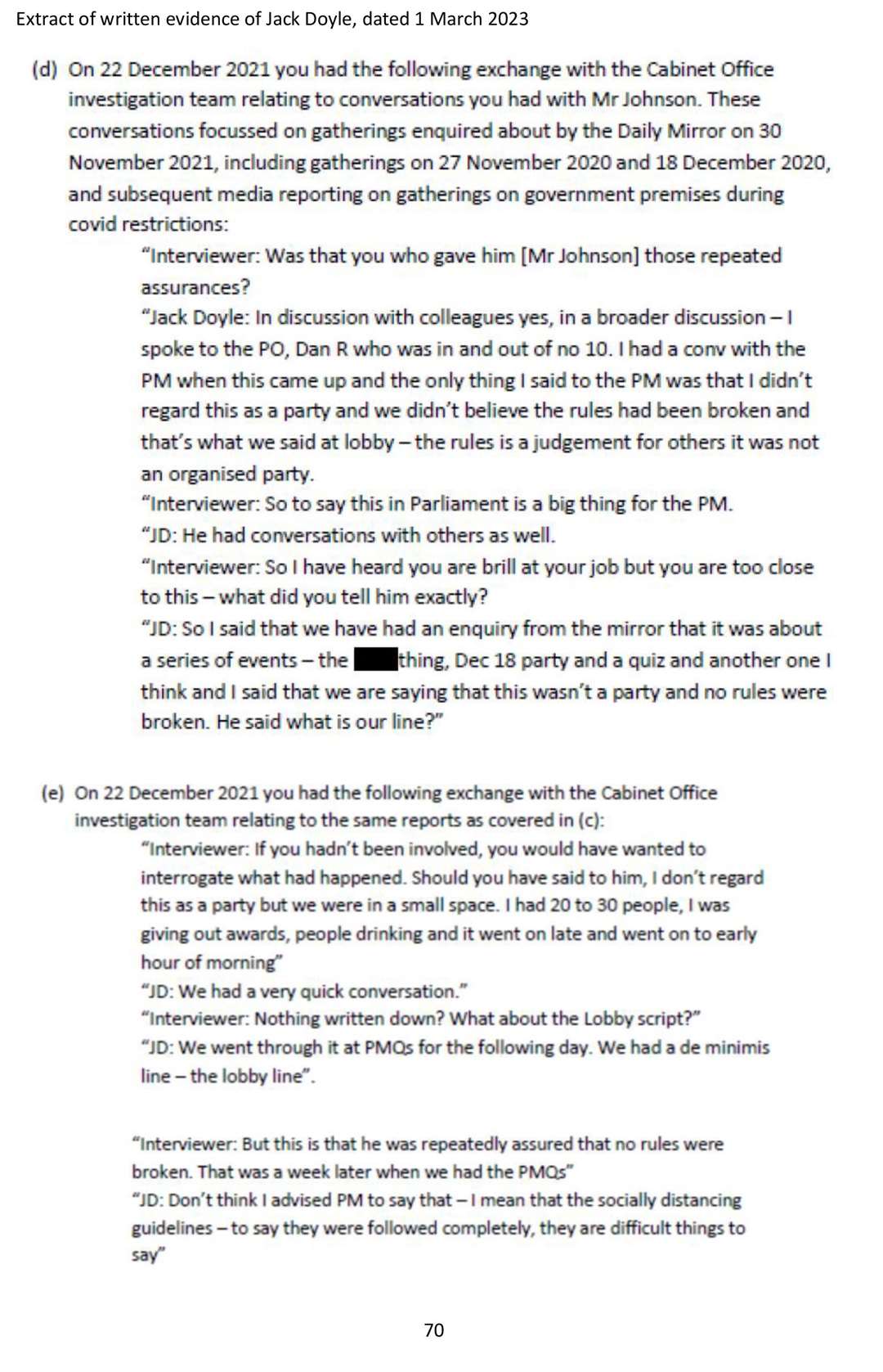 Written evidence of Jack Doyle, which was released as part of the Commons Privileges Committee inquiry into claims that prime minister Boris Johnson knowingly misled Parliament over parties at No 10 (House of Commons/PA)
