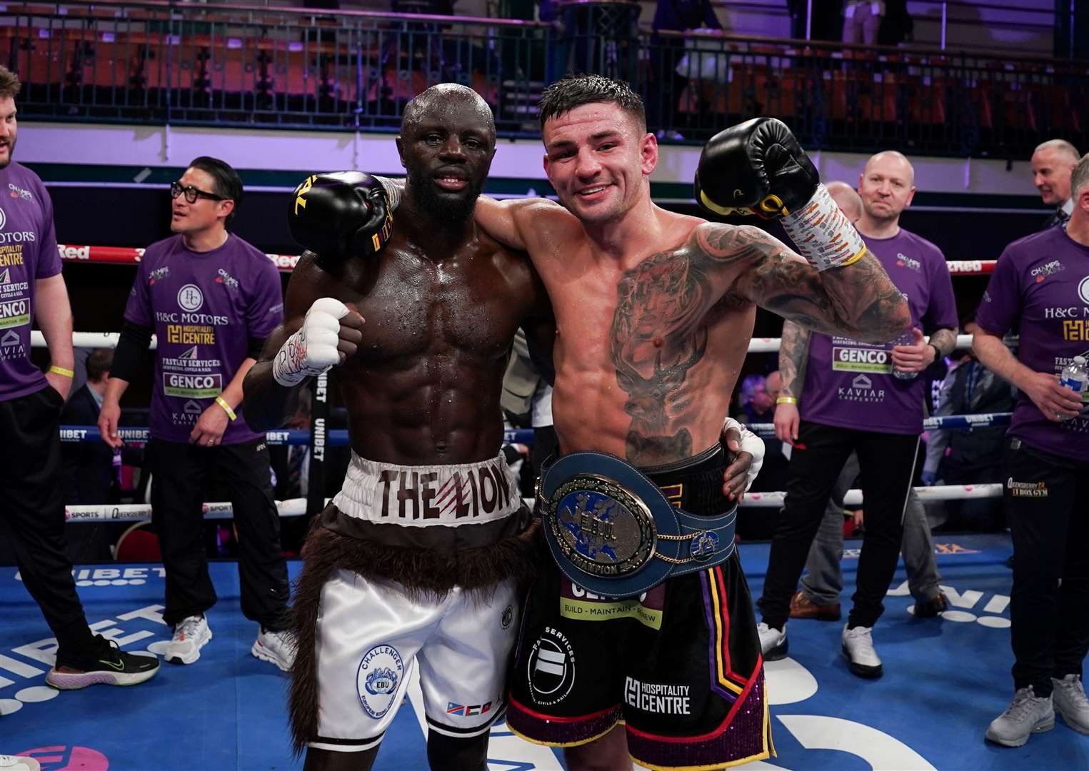 Sam Noakes with Yvan Mendy after their European title fight. Picture: Stephen Dunkley / Queensberry Promotions