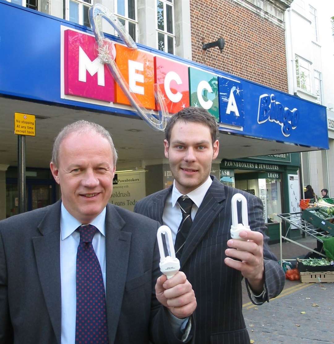 Ashford MP Damian Green promoting the free energy-saving lightbulbs used at Mecca Bingo in 2008. He's pictured with acting manager Paul Farrelly