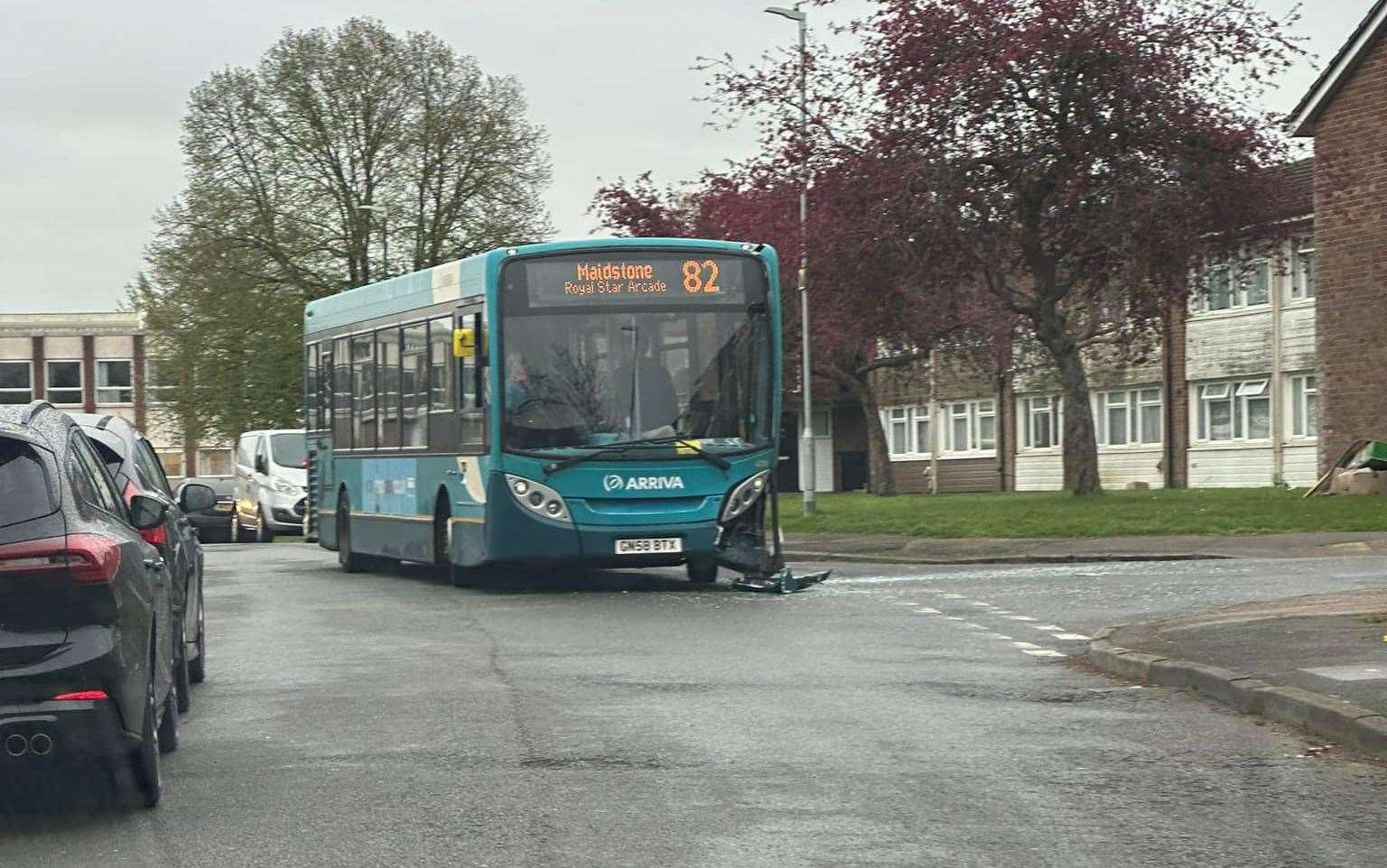 An Arriva bus can be seen with its side smashed. Picture: Chloe Powell