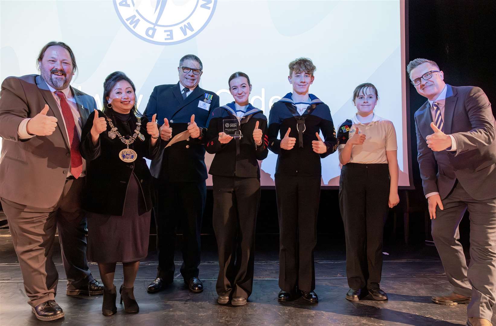 Medway Sea Cadets, winners of the Young Heroes Award, with Cllr Vince Maple, Mayor Nina Gurung and Phil Gallagher, children's television presenter. Picture: Pillory Barn