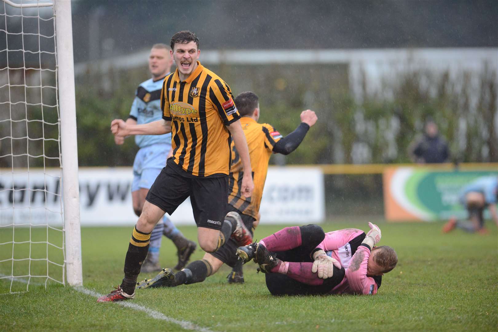 Harry Smith celebrates a goal for Folkestone Invicta against former team Sittingbourne Picture: Gary Browne