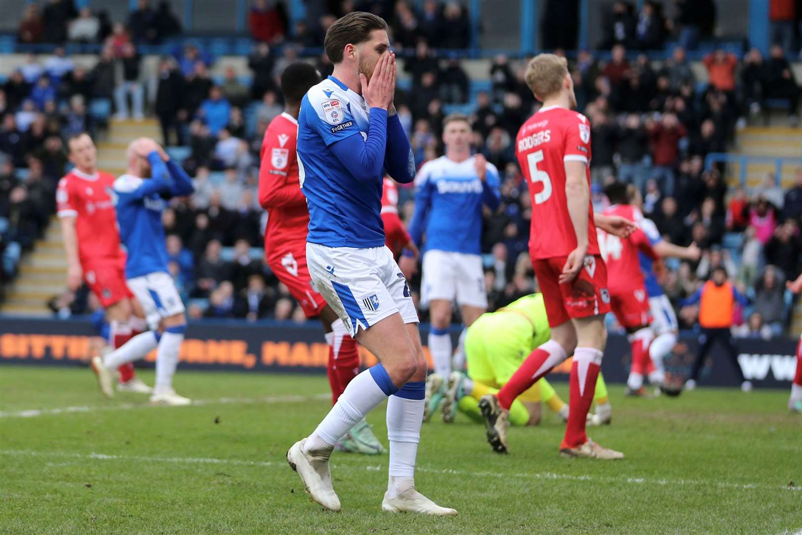 Connor Mahoney reacts to another missed chance for Gillingham against Grimsby last weekend Picture: @Julian_KPI