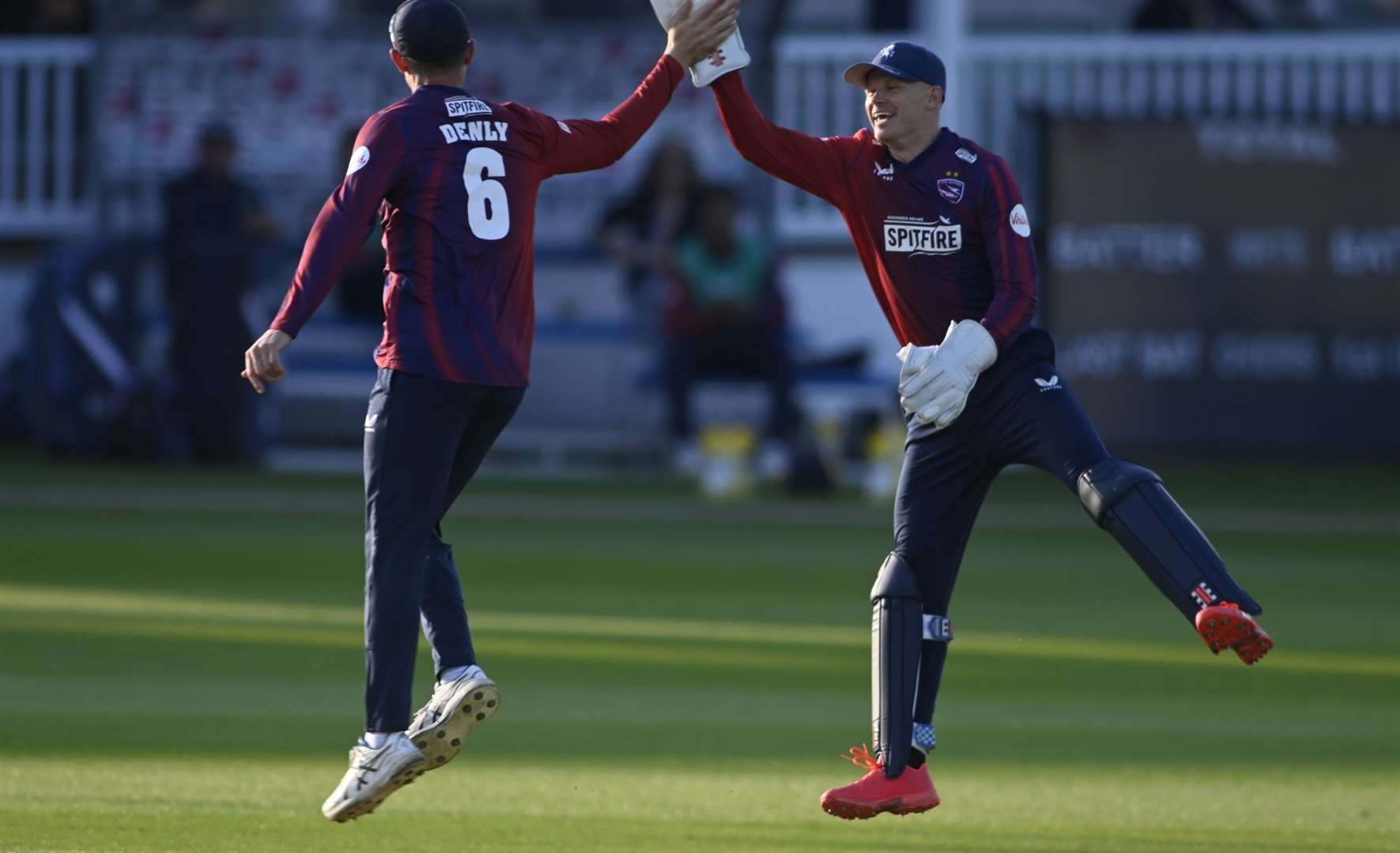 Joe Denly and Sam Billings celebrate another wicket as Spitfires started their 2023 T20 Blast campaign with a seven-wicket win against Gloucestershire - a result which left the son of Robbie Joseph, then with the Bristol-based county, in tears. Picture: Barry Goodwin