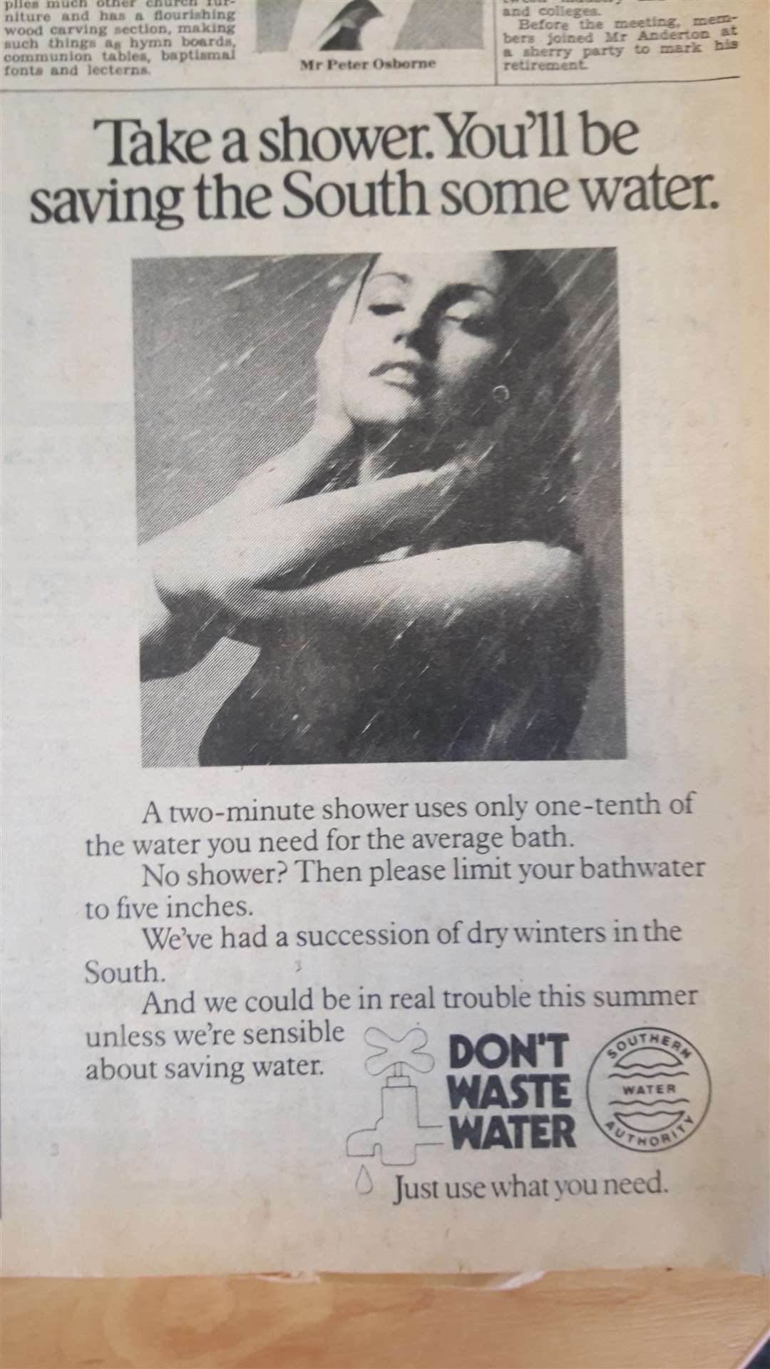 Cuttings from the Kentish Gazette in July 1976.Southern Water authority advert due to the drought