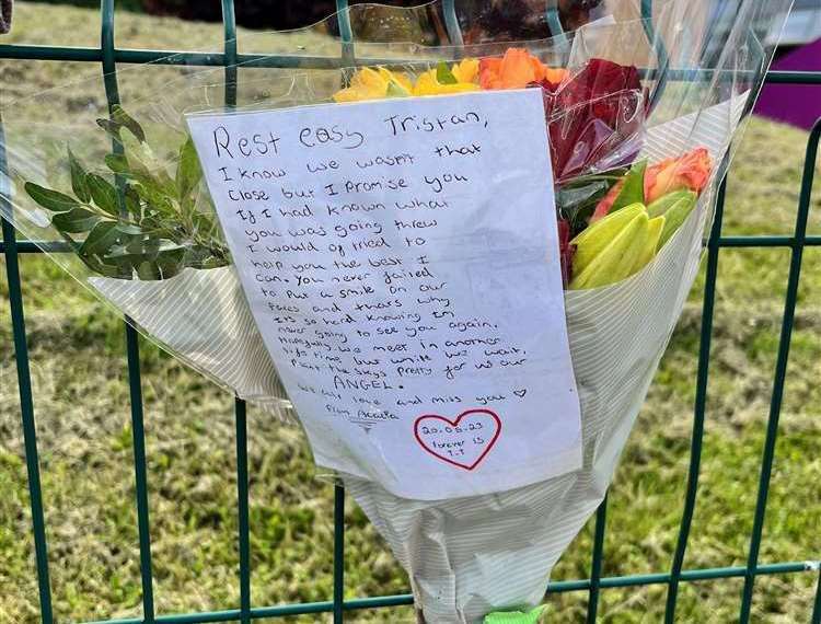 Tributes for Tristan Taylor outside Thamesview School in Thong Lane, Gravesend