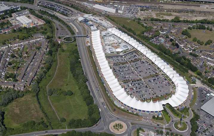 An aerial view of the Designer Outlet Centre with its distinctive design. Picture: Ady Kerry / Ashford Borough Council