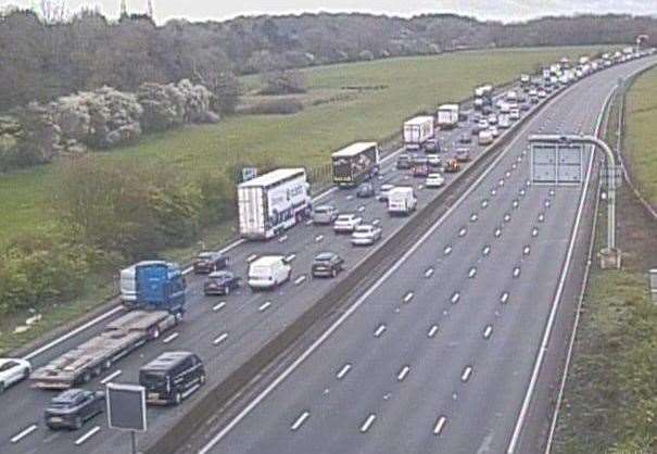 Cars queuing on the M25 between Surrey and Kent after a crash near Limpsfield. Picture: Highways England