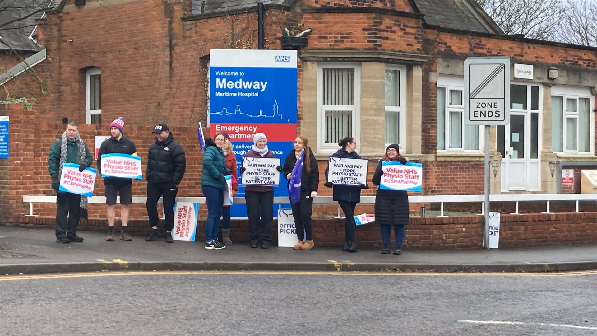 Physiotherapists on picket duty outside Medway Maritime Hospital in Gillingham