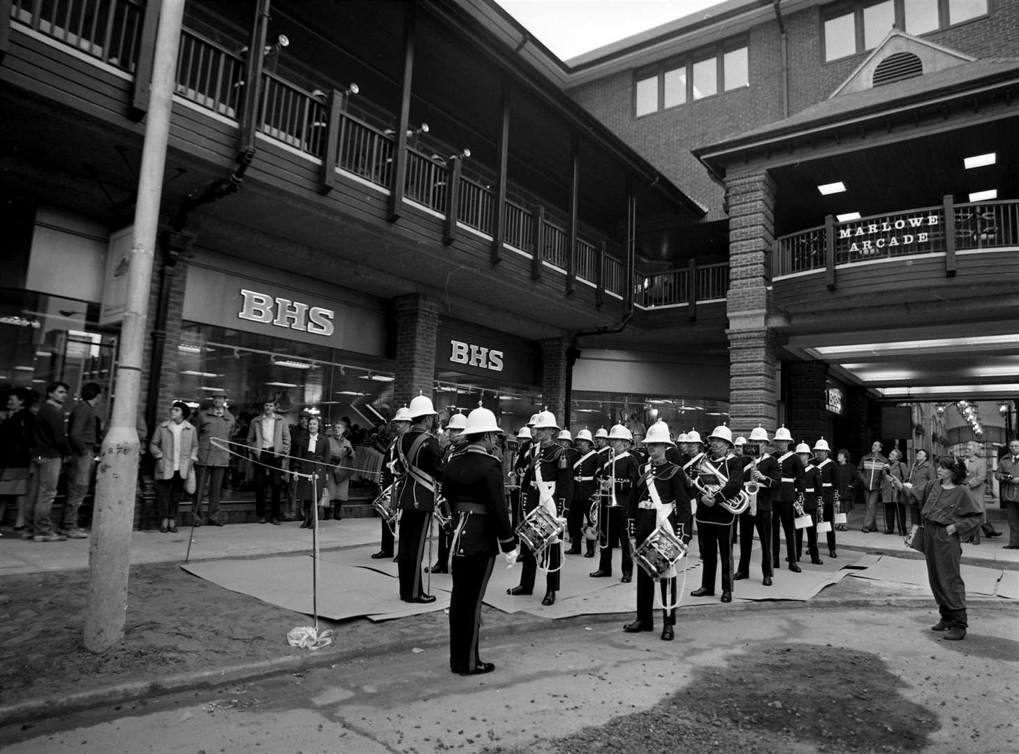 The Royal Marines band at the Marlowe Arcade opening in 1985. BHS is now occupied by Primark