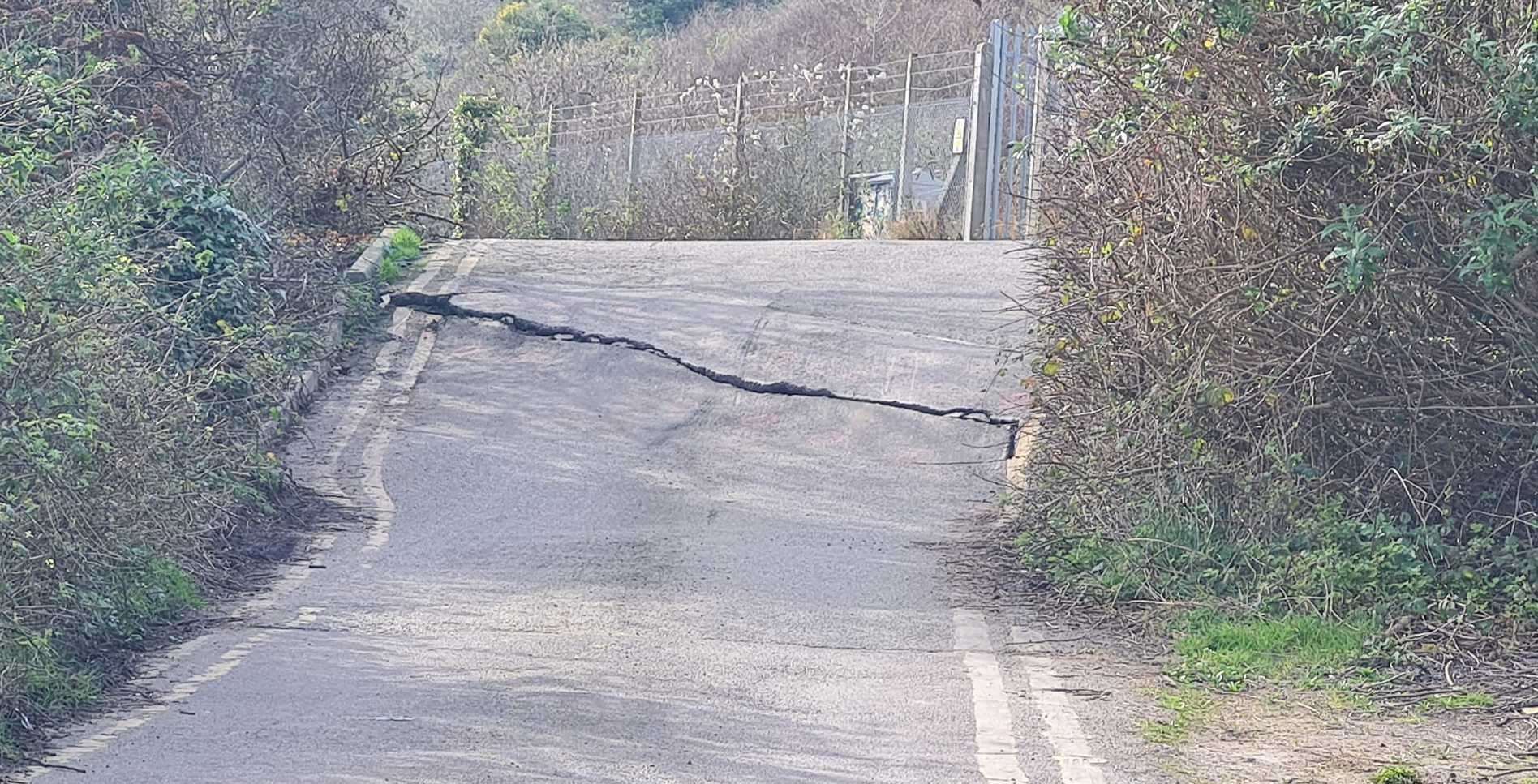 The crack across the road at Folkestone Warren. Picture: Phil Eyden