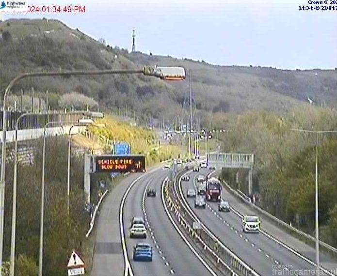 One lane has closed on the coastbound M20 at Junction 13. Picture: National Highways