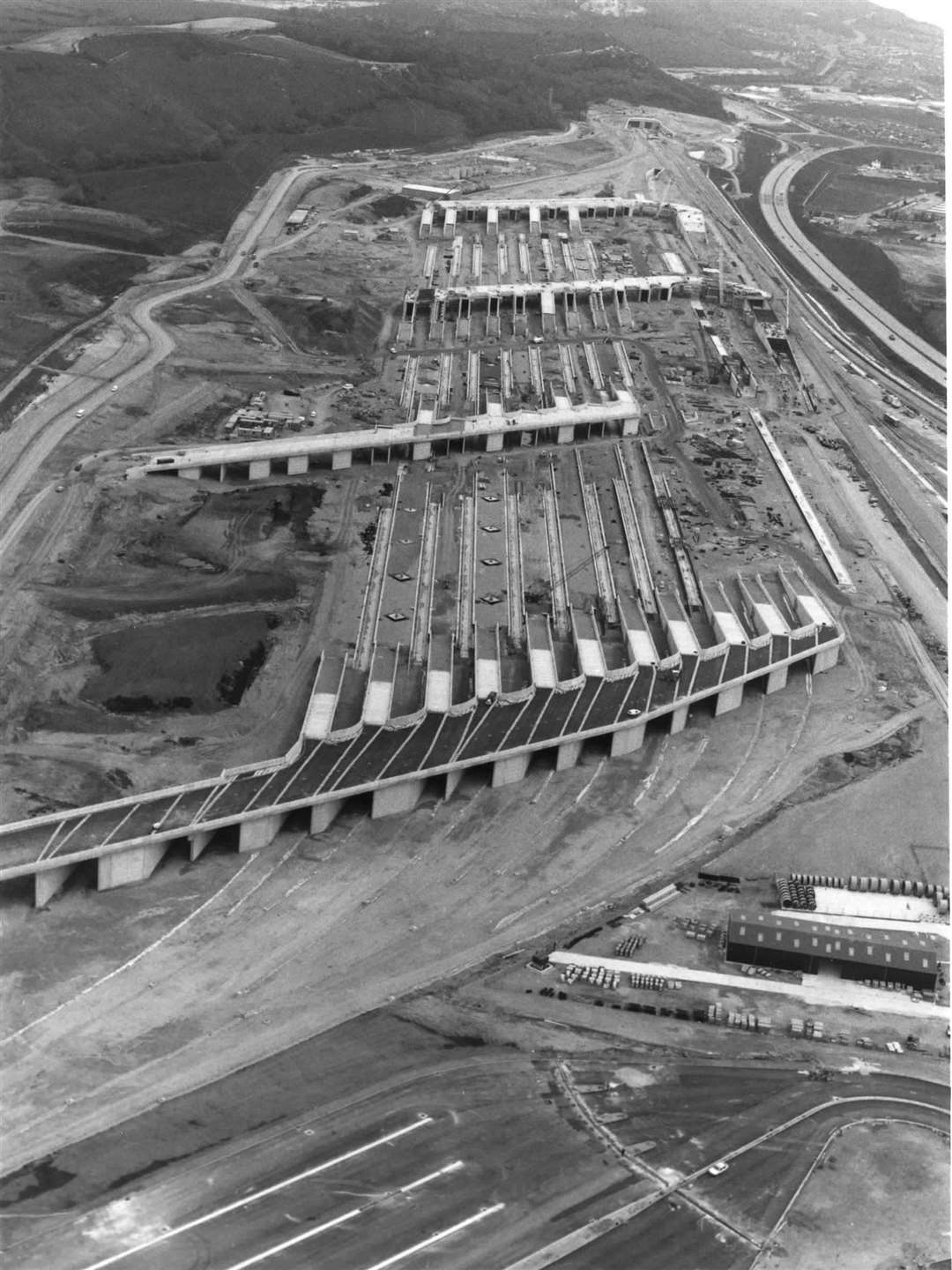 The Folkestone terminal of the Channel Tunnel under construction in 1991 - three years before it became operational