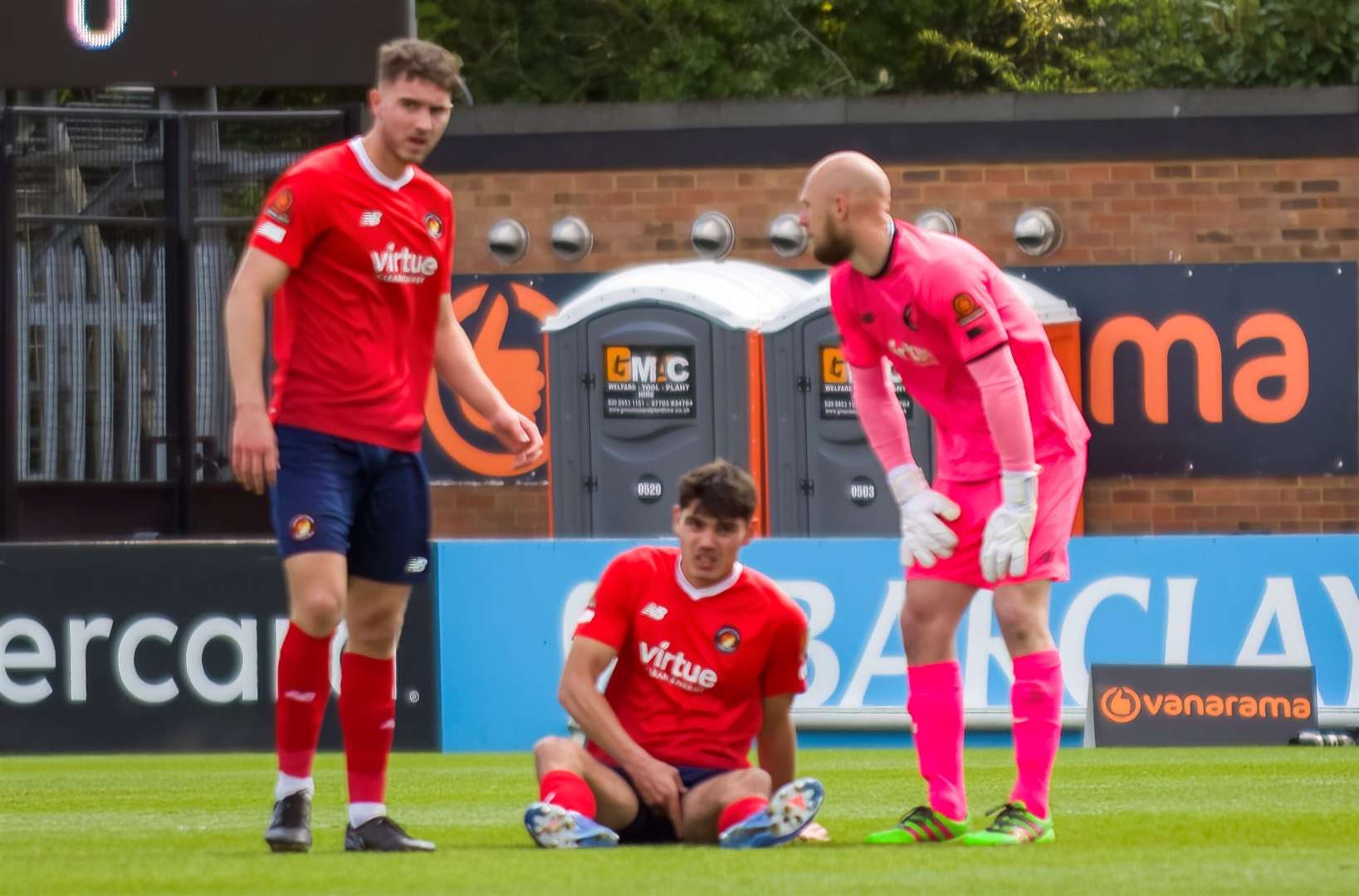 Concerned looks on Ebbsfleet faces as Declan Skura goes down injured on the final day of the season. Picture: Ed Miller/EUFC