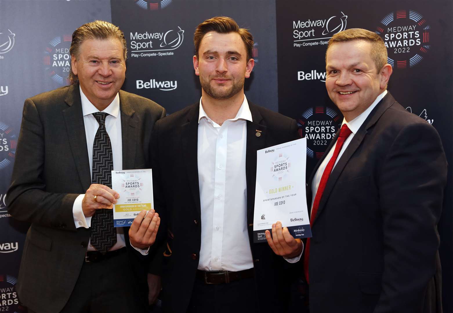 Joe Coyd, centre, this year’s Sportsperson of the Year sponsored by Bellway Homes, at the Medway Sports Awards. Picture: Nick Johnson/Medway Council