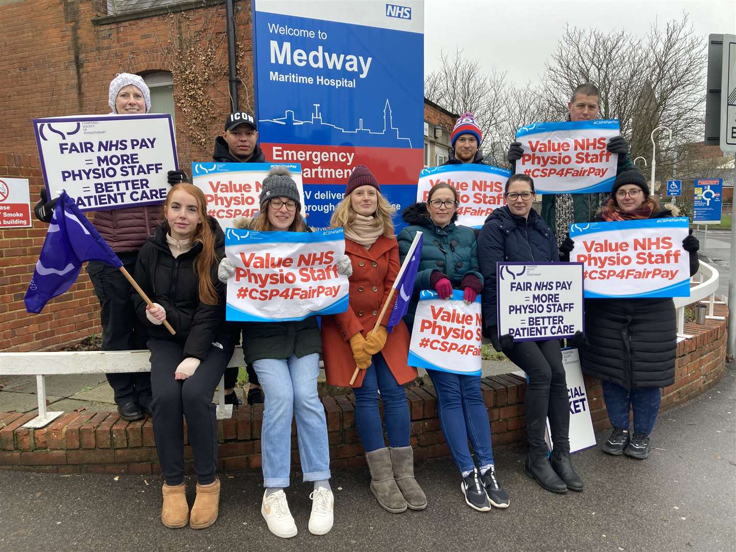 Physiotherapists on picket duty outside Medway Maritime Hospital