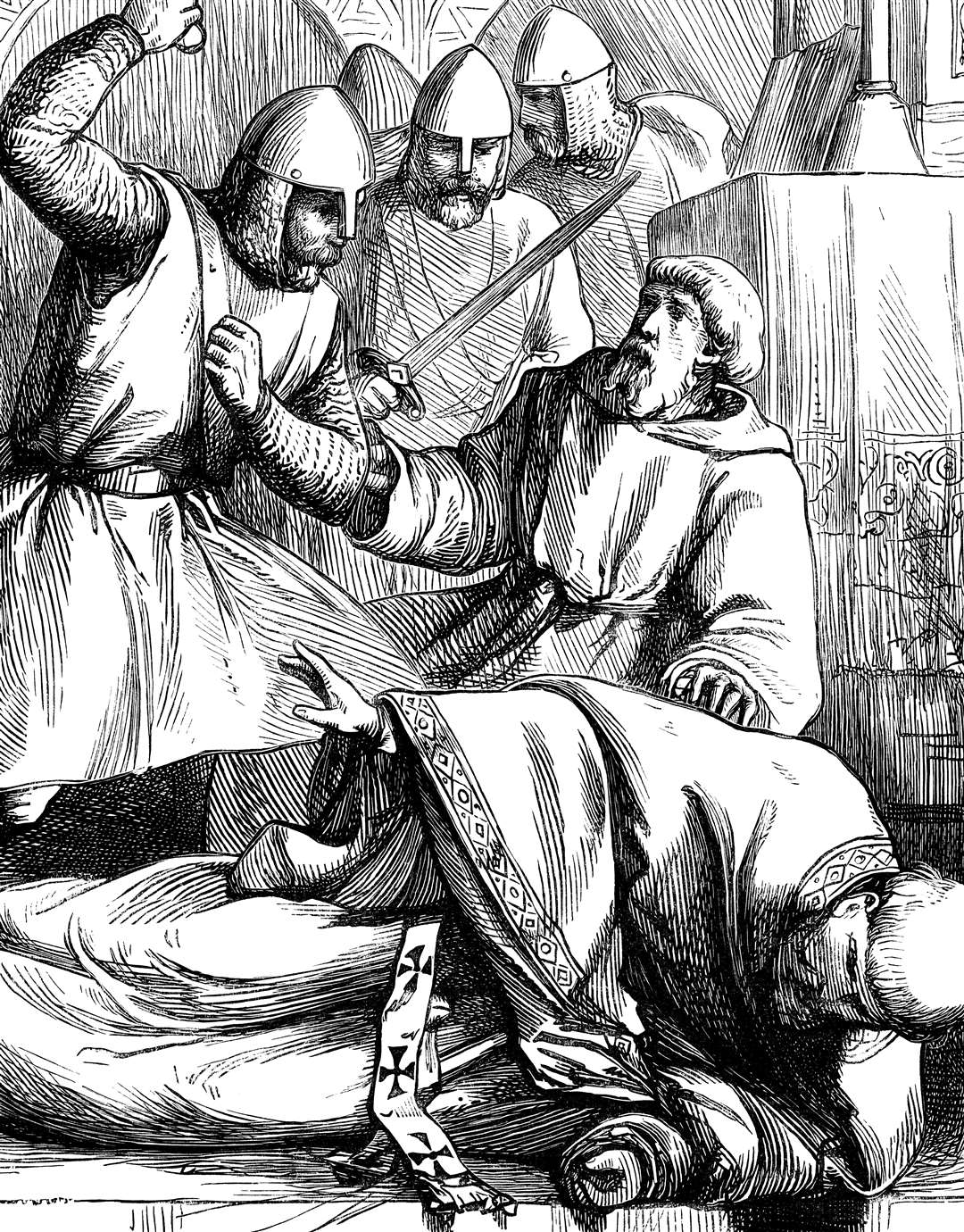 An engraved illustration image of the murder assassination of Thomas a Becket at Canterbury cathedral from a Victorian book dated 1866. Stock picture