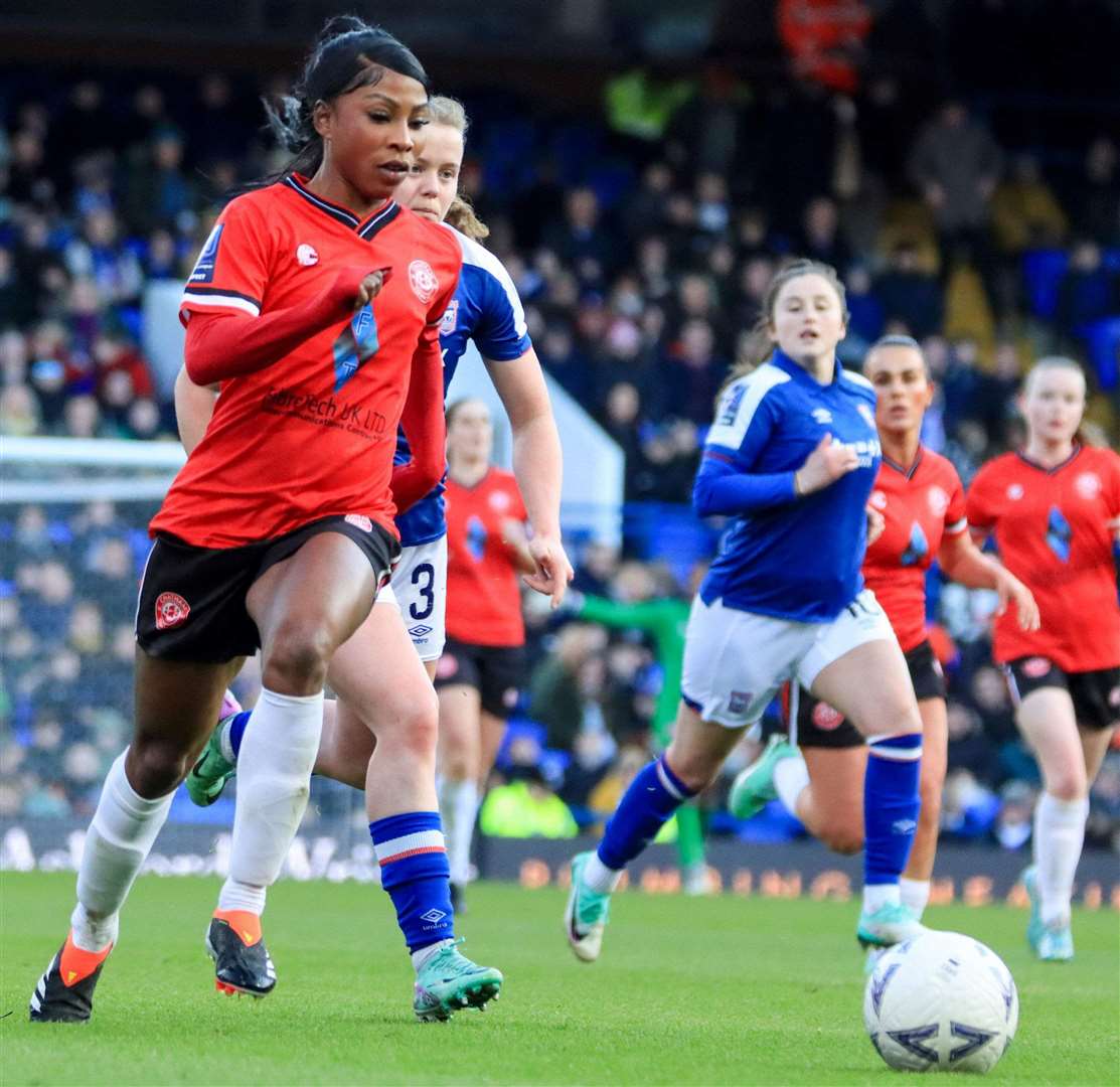 Otesha Charles strides forward for Chatham Town Women during Saturday’s match at Ipswich, which Chats lost 5-0. Picture: Allen Hollands