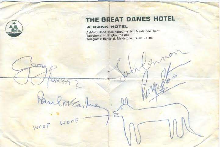 The Beatles' signatures on a comp slip from The Great Danes hotel
