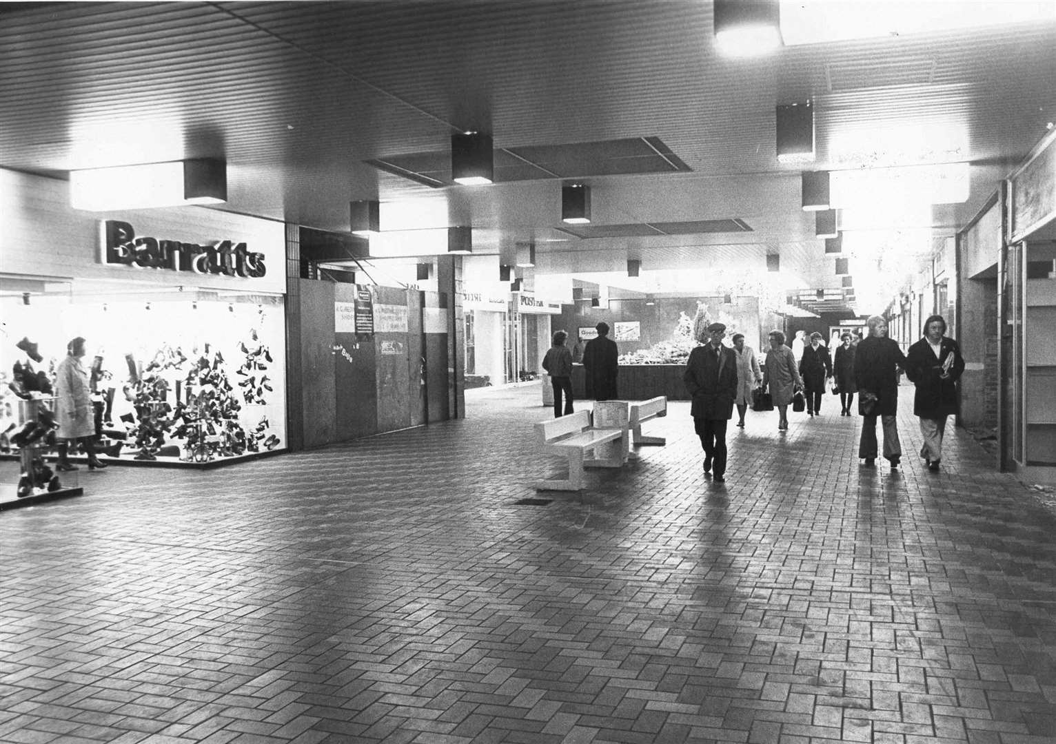 Barratts shoe shop can be seen on the left in the Forum shopping centre in Sittingbourne, October 1974