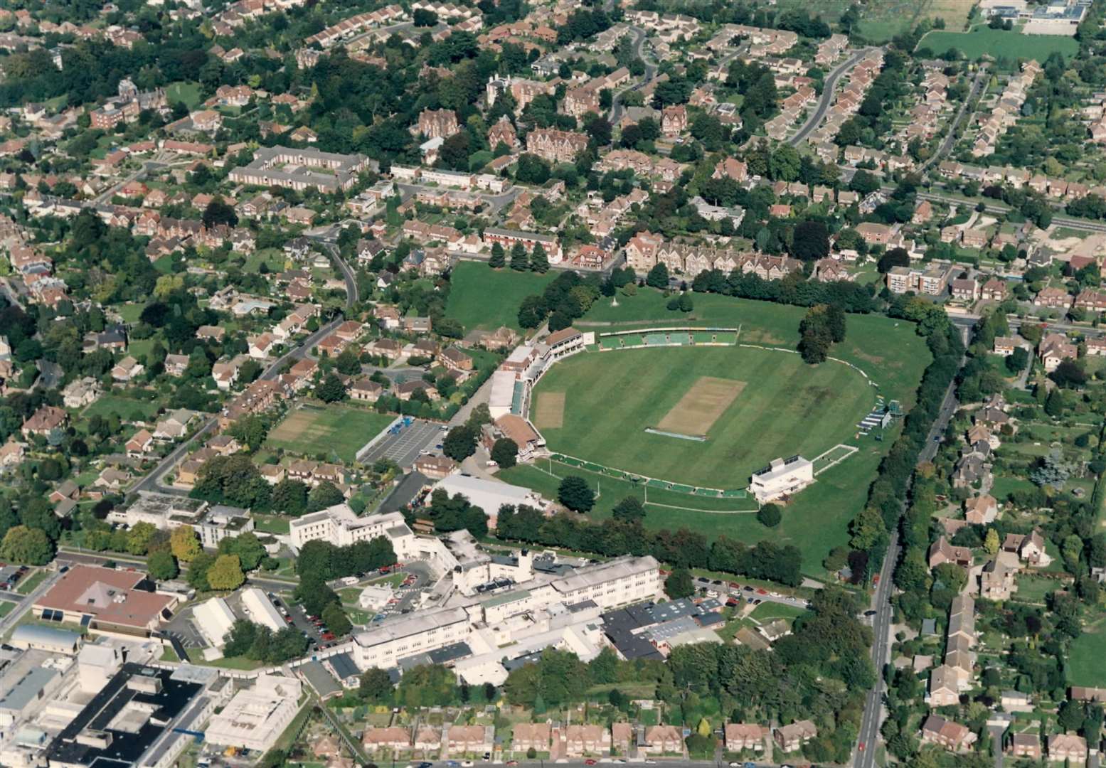 St Lawrence Ground, Canterbury, pictured in September 1995. The famous lime tree can be seen near to the boundary.