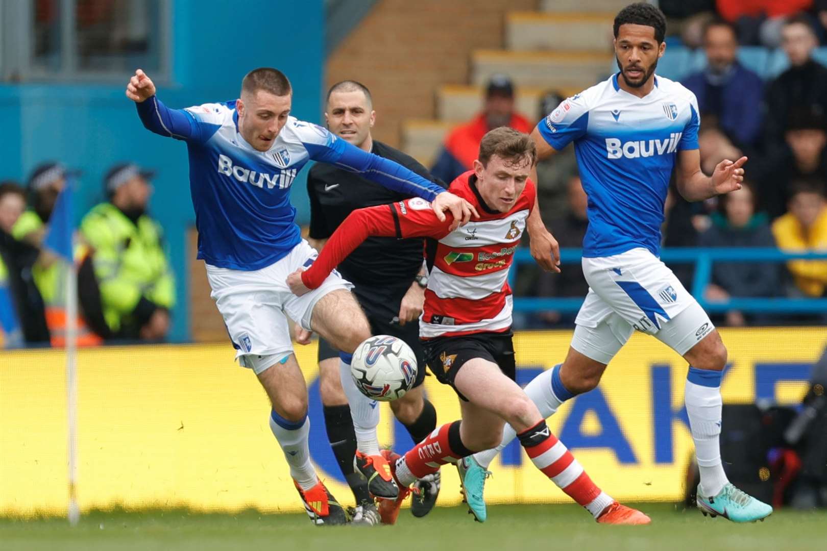 Dom Jefferies challenges for the ball in the first half at Priestfield Picture: @Julian_KPI