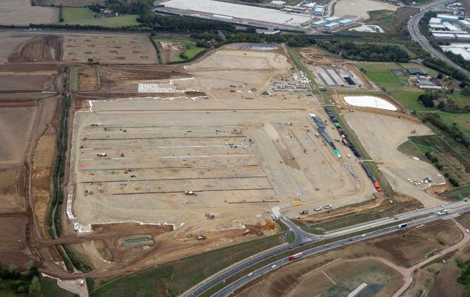 In this shot, the new link road between the A2070 and Junction 10a can be seen at the bottom, with Waterbrook Park at the top of the shot. The Ashford Retail Park - which features TK Maxx among others - can just be seen in the top right corner next to the A2070 dual carriageway. Picture: Ady Kerry / Ashford Borough Council