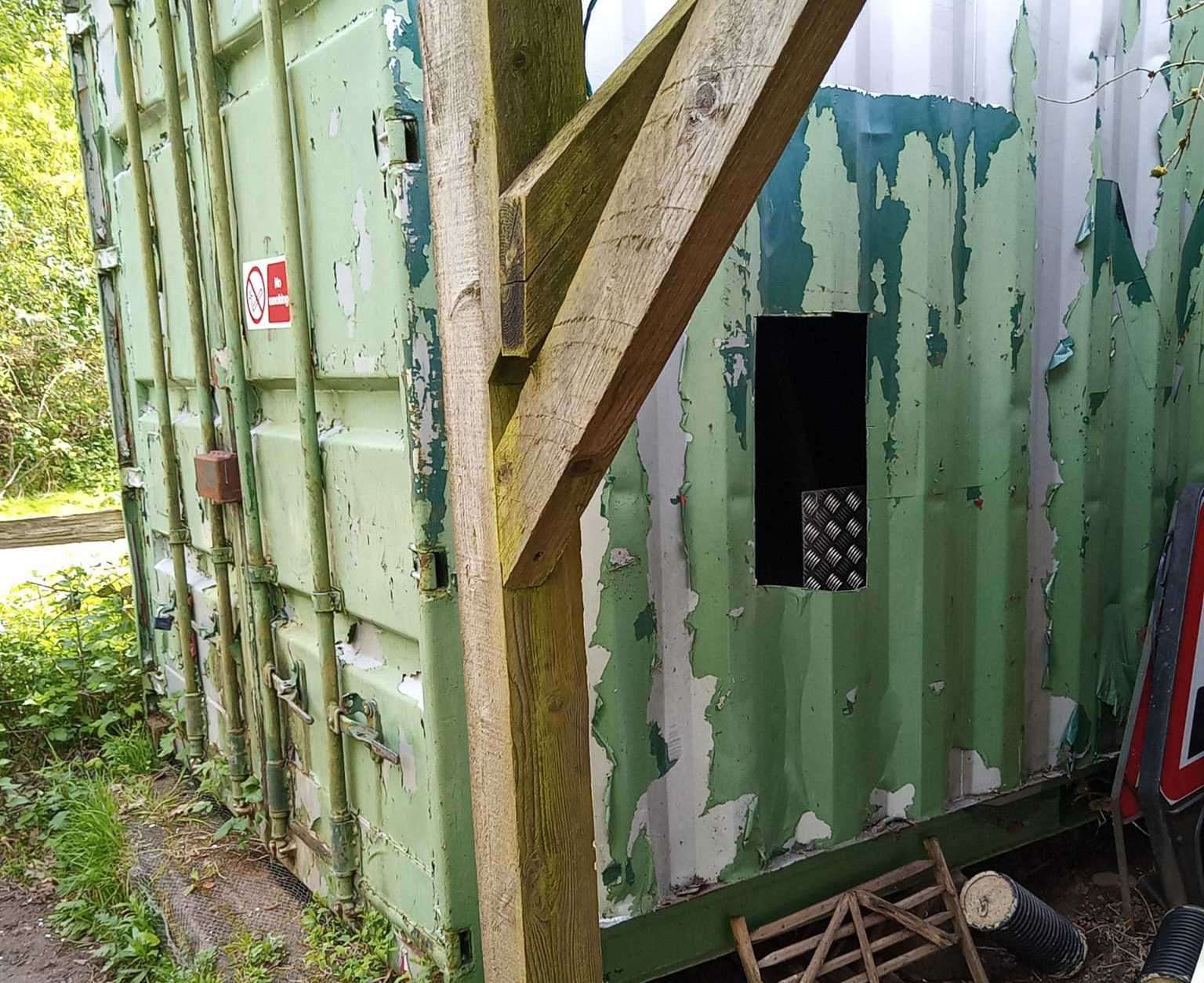 Two shipping containers were damaged during the break in. Picture: Kent Wildlife Trust