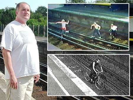 David Orchard who has been bound over. Inset, two of his CCTV pictures of yobs risking death on the line