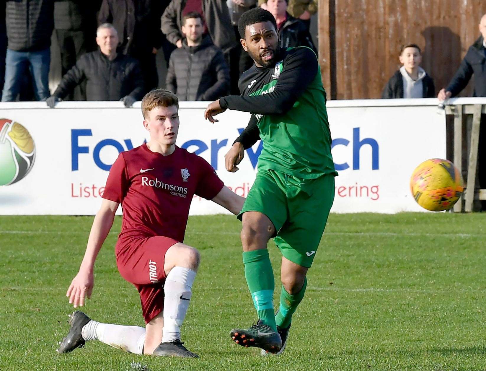 Gavin Tomlin curls home the goal which put Cray Valley 2-0 ahead on aggregate against Canterbury at Salters Lane on Saturday Picture: Keith Gillard