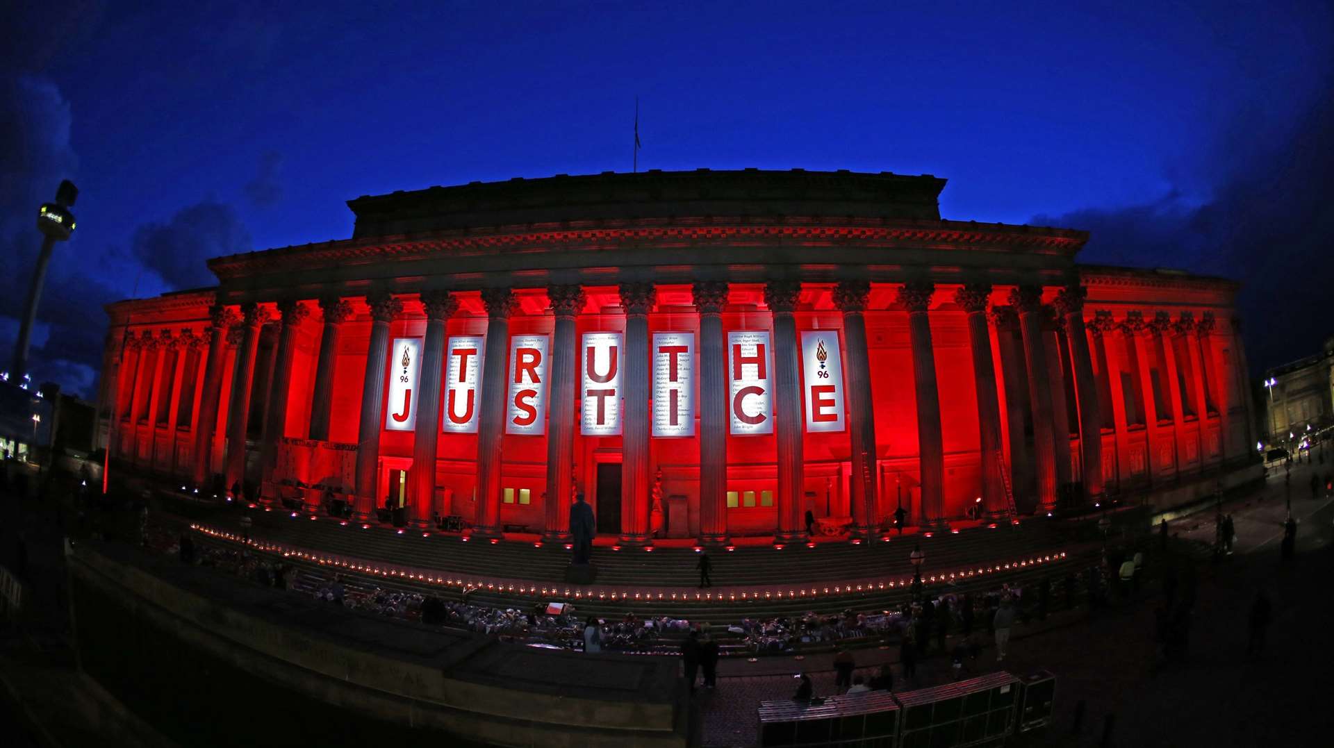 St George’s Hall in Liverpool is illuminated following a special commemorative service to mark the outcome of the Hillsborough inquest in 2016 (Peter Byrne/PA)