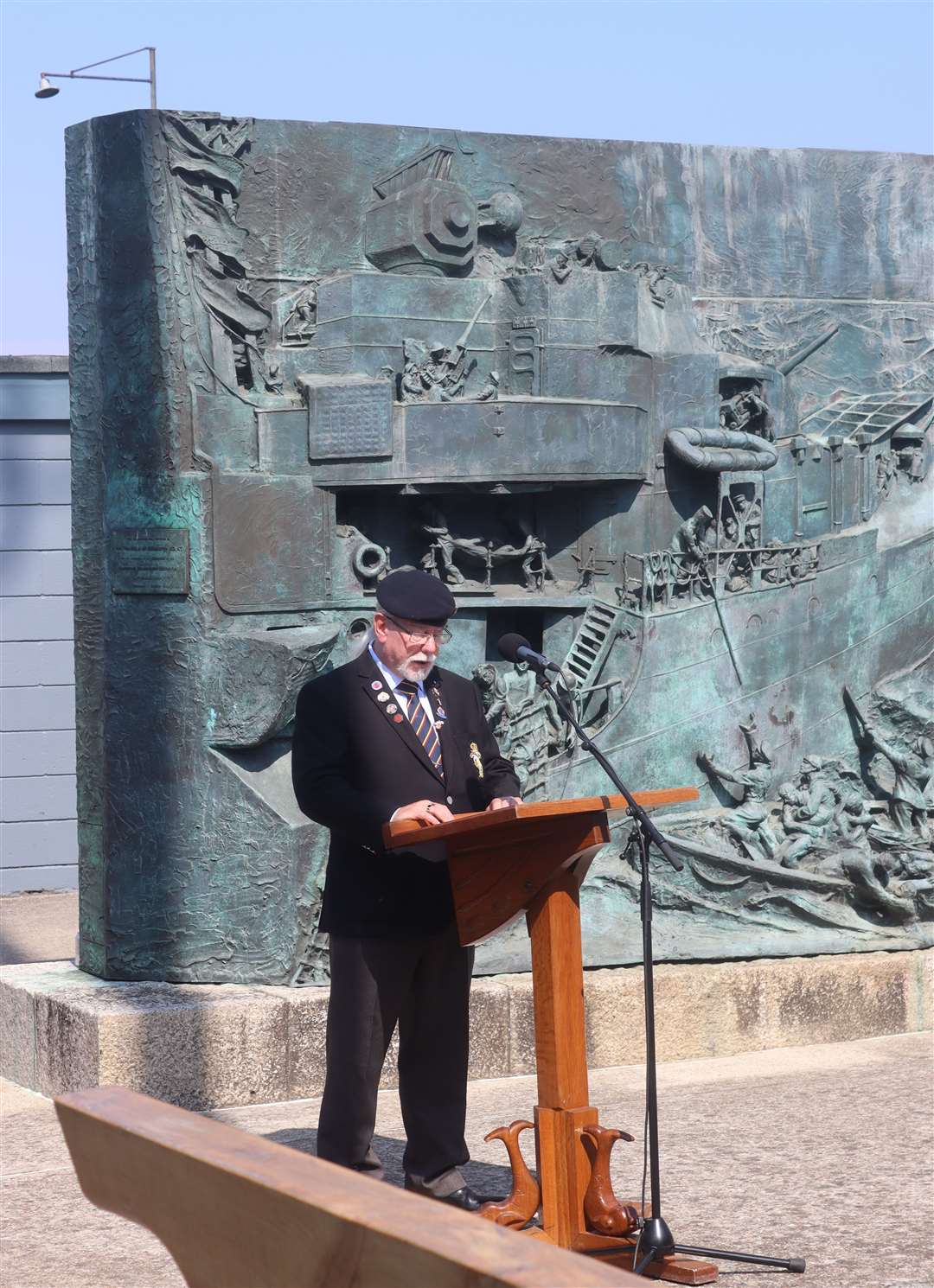 Medway veteran, Kevin Rourke, giving a reading in front of The National Destroyer Memorial.